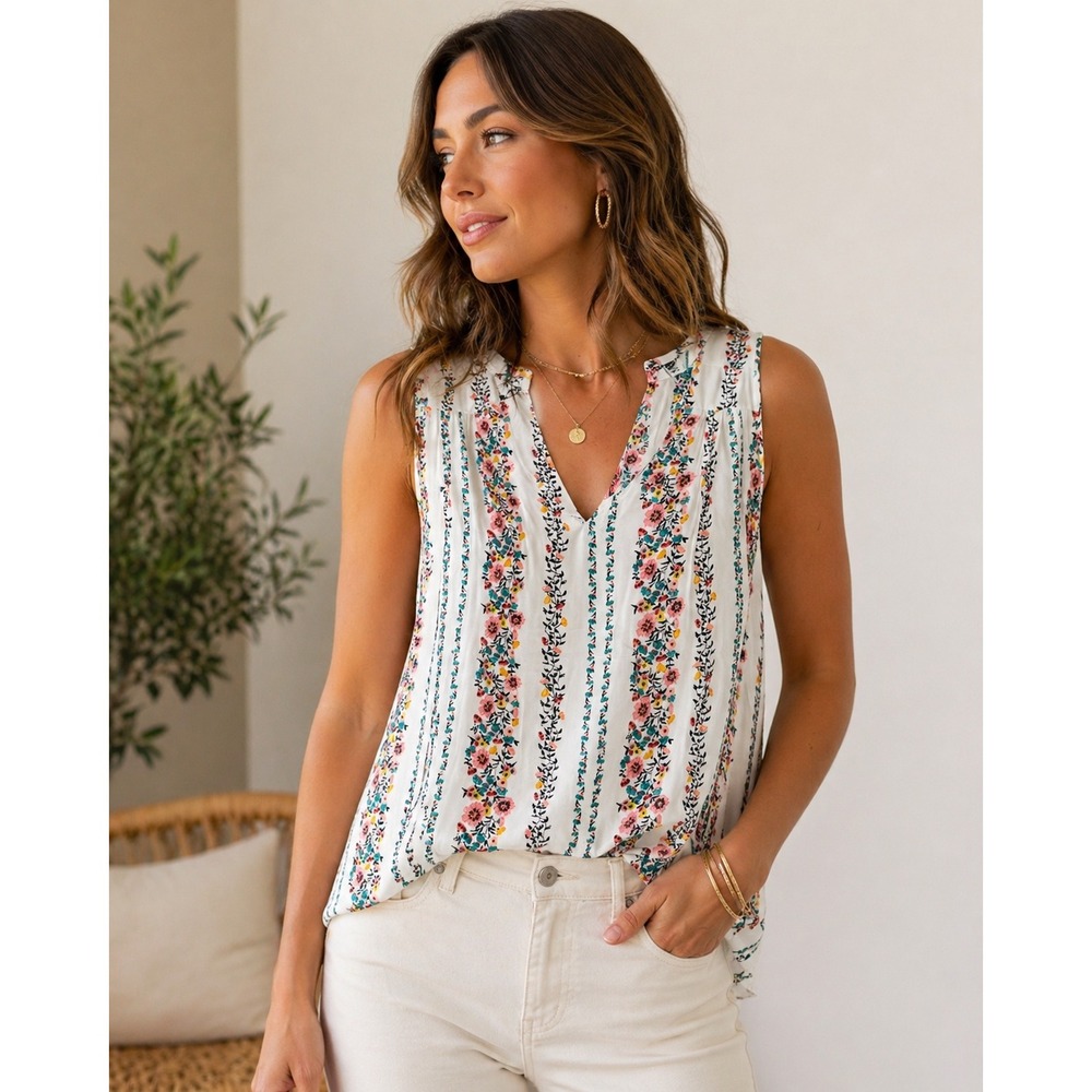 Old Navy Floral Stripe V-Neck Sleeveless Blouse White XXL Keyhole Back Top